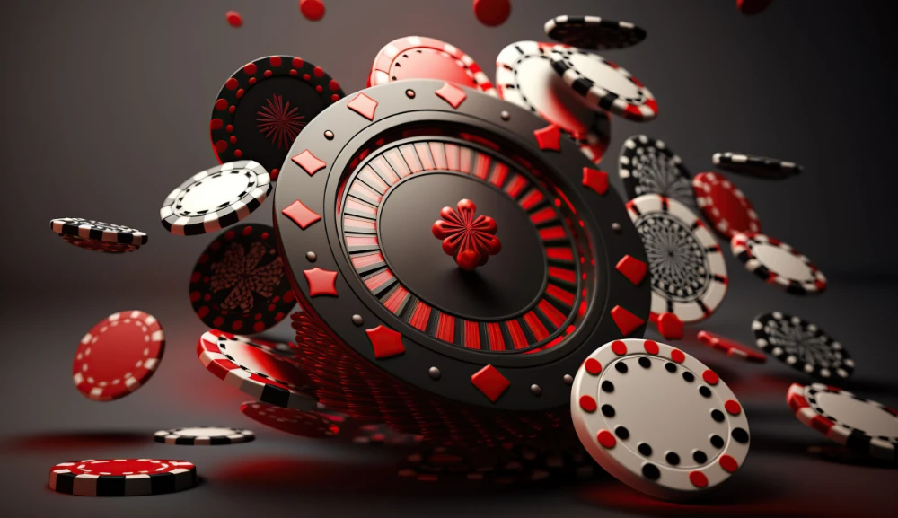 Playing cards poker chips fly casino casino roulette concept dark background generative ai
