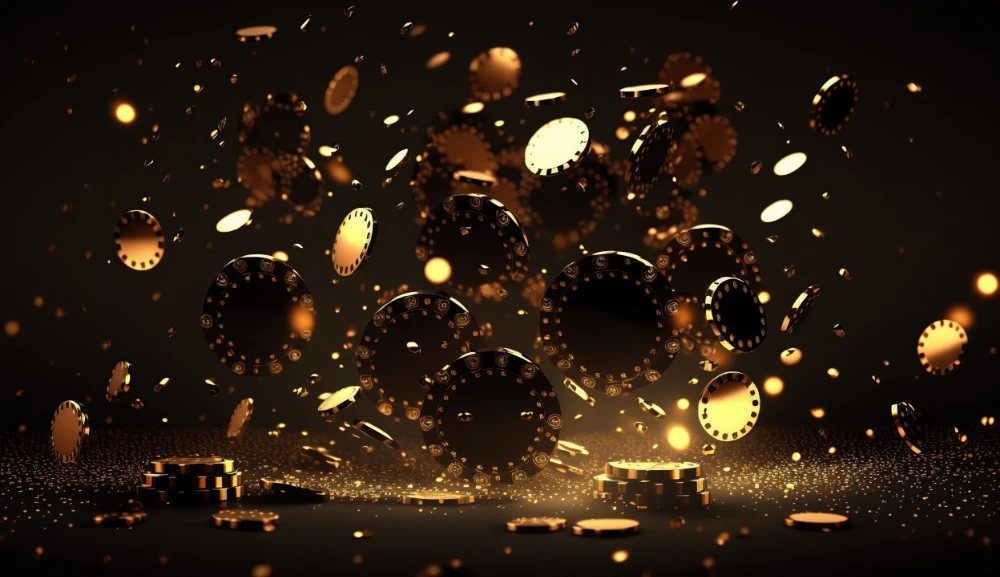 Realistic casino background with flying chips golden coins dice ai